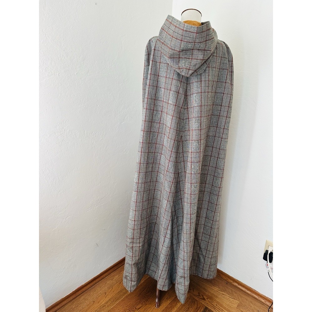 Vintage Hooded Maxi Cape Cloak Glen Plaid Wool Feel Full Length Lined Arm Slits - Picture 4 of 9